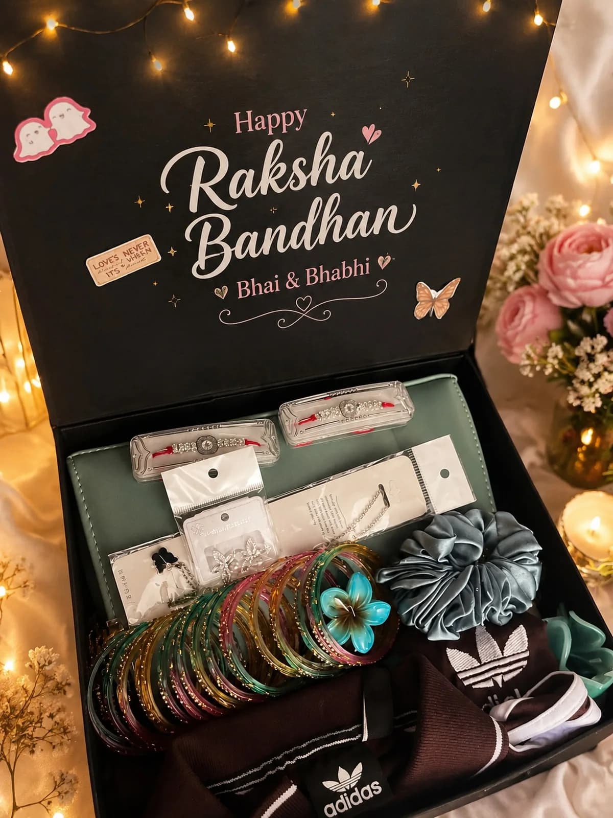 Royal illuminated celebration trunk with fairy lights and silver rakhis by Little Luxe Hamper