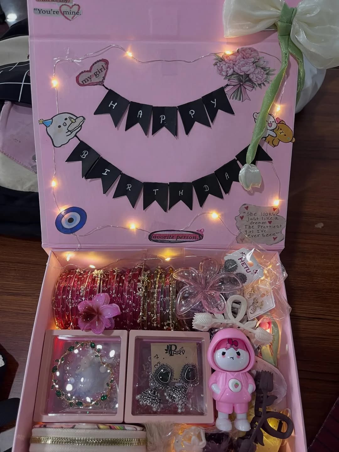 Illuminated birthday trunk with bunting and jewellery by Little Luxe Hamper